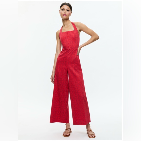 Alice + Olivia Red Halter Jumpsuit Wide-Leg Elegance - Picture 4 of 8
